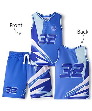 Pine Active Knit Sleeveless T-Shirt & Shorts Basketball Set With 32 Print - Blue