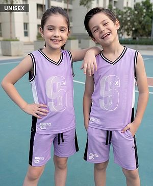 Pine Active Knit Sleeveless Tank T-Shirt & Shorts Set with Athletic Print - Lavender