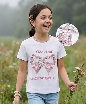Pine Kids Cotton Knit Half Sleeves T-Shirt With Floral & Bow Print - White