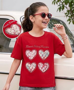 Pine Kids Cotton Knit T-Shirts Half Sleeves Round Neck Hearts Print Red 4-5 Years