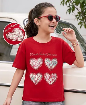 Pine Kids Cotton Knit T-Shirts Half
                              Sleeves Round Neck Hearts Print Red 5-6
                              Years