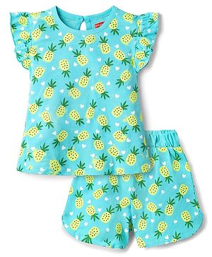 Babyhug Cotton Knit Half Sleeves T-Shirt & Shorts Co-ord Night Suit with Pineapple & Heart Print - Light Blue