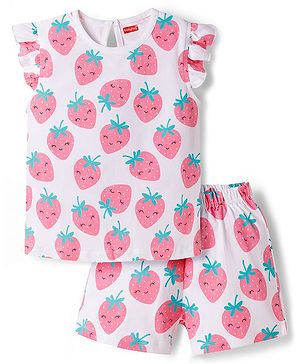 Babyhug Cotton Knit Half Sleeves T-Shirt & Shorts Co-ord Night Suit With Strawberry Print - Pink