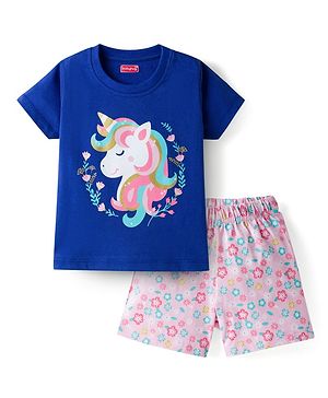 Babyhug Cotton Knit Half Sleeves T-Shirt & Shorts Night Suit With Unicorn & Floral Print - Blue