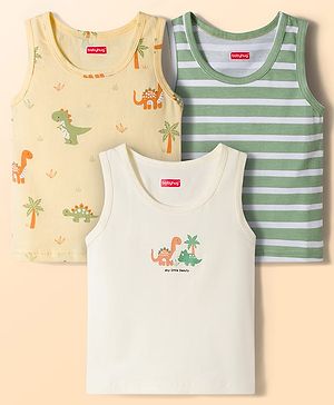 Babyhug Single Jersey 100% Cotton Striped & Dino Printed Sleeveless Sandos Pack of 3 - Multicolour