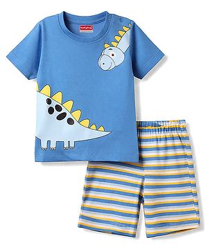 Babyhug Cotton Knit Half Sleeves T-Shirt & Shorts Night Suit with Dino Print - Blue