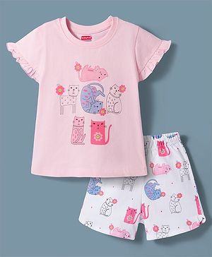 Babyhug Cotton Knit Full Sleeves T-Shirt & Shorts Night Suit With Cat Print - Cream