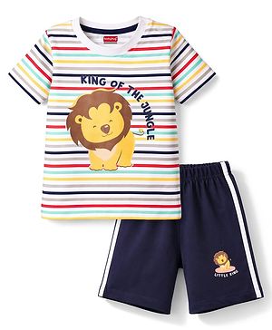Babyhug Cotton Knit Half Sleeves T-Shirt & Shorts Night Suit with Lion Print - White