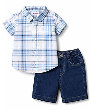 Babyhug Cotton Woven Half Sleeves Checked Shirt & Denim Shorts Set - Navy Blue