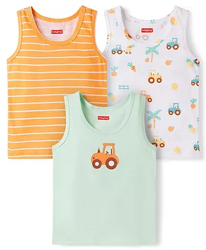 Babyhug 100% Cotton Knit Sleeveless Striped & Tractor Printed Vests Pack of 3 - Multicolor