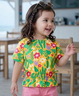 Babyhug 100% Cotton Knit Half Sleeves Floral Printed Top With Smocking Detailing -Multicolour