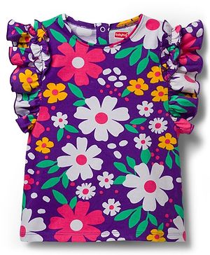 Babyhug Cotton Knit Frill Sleeves Top with Floral Print - Multicolor