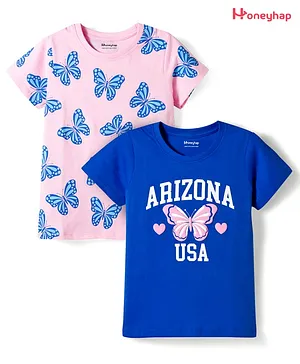 Honeyhap Premium 100% Cotton Knit
                              Half Sleeves Butterfly Printed T-Shirts
                              With Bio Finish Pack Of 2 - Pink &
                              Blue