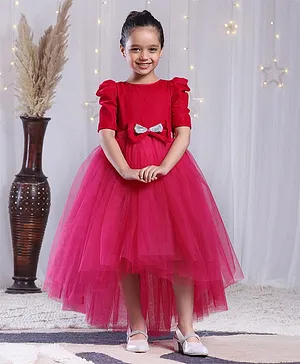 Toy Balloon Kids Velvet Knit Three
                              Fourth Puffed Sleeves Sequin Embellished
                              Bow Applique & Frill Detailed High Low
                              Dress - Fuschia Pink