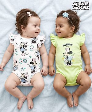 Babyhug Disney Interlock Knit Frill Sleeves Onesies with Minnie Mouse Graphic Pack of 2 - White & Green