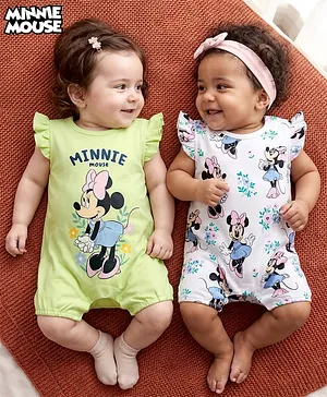 Babyhug Disney Interlock Knit
                              Sleeveless Rompers with Minnie Mouse
                              Graphics & Frill Detailing Pack of 2 -
                              Green & White