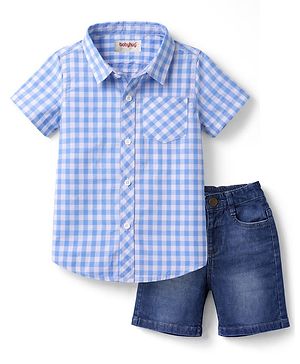 Babyhug Cotton Woven Half Sleeves Checks Shirt & Denim Shorts Set - Blue