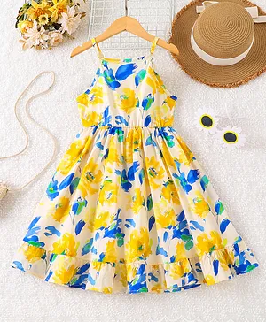 Mark & Mia Cotton Sleeveless
                                  Frock With Floral Print - Yellow