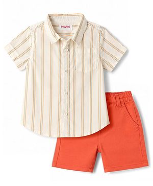 Babyhug Cotton Woven Half Sleeves Striped Shirt & Shorts Set - Rust Orange