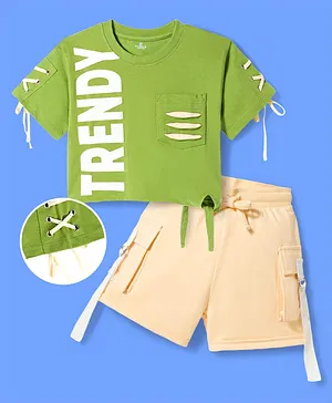 OLLINGTON ST. Sinker Knit Half
                              Sleeves Top & Shorts Set With Text
                              Print - Olive Green & Beige