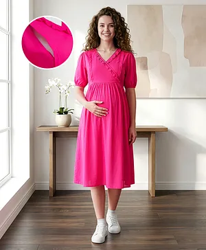 Bella Mama Woven Half Sleeves Solid
                              Color Maternity Dress with Frill Detailing
                              - Dark Pink