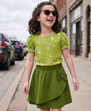 OLLINGTON ST. Cotton Knit Half
                              Sleeves Top With Print & Skirt Set -
                              Olive