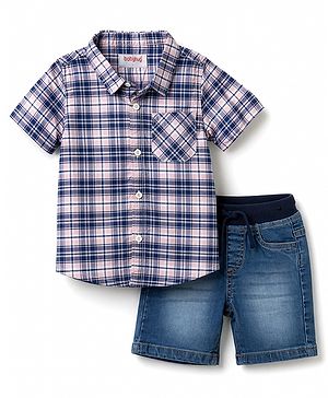Babyhug Cotton Woven Half Sleeves Checked Shirt & Denim Shorts Set - Multicolor