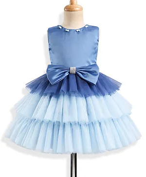 Bluebell Satin Woven Sleeveless Party
                              Dress with Bow Applique & Pearl
                              Detailing - Blue