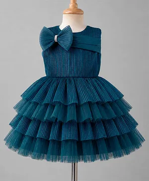 Bluebell Net Knit Sleeveless Layered
                              Party Frock With Bow Applique - Teal Blue