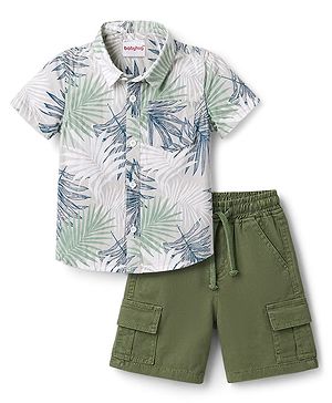 Babyhug Cotton Woven Half Sleeves Shirt & Shorts With Leaf Print - Multicolor