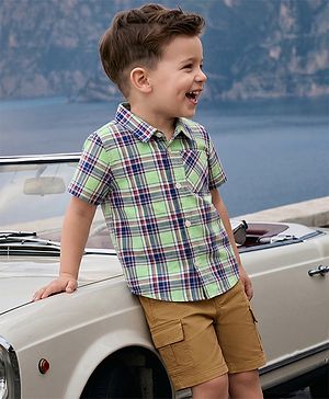 Babyhug 100% Cotton Woven Half Sleeves Checked Shirt & Denim Shorts Set - Beige