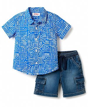 Babyhug Cotton Woven Half Sleeves Abstract Printed Shirt & Denim Shorts Set - Blue