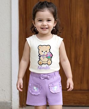 Babyhug Single Jersey Knit Sleeveless Top & Shorts Set With Teddy Bear Patch - White & Purple