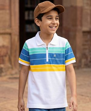 Pine Kids Cotton Knit T-Shirt Striped Polo Neck Half Sleeves White 4-5 Years