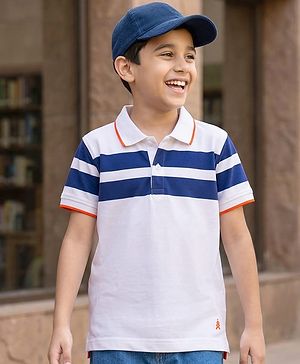 Pine Kids Cotton Knit Half Sleeves T-Shirt With Stripes - White
