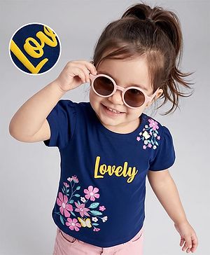 Babyhug 100% Cotton Knit Half Sleeves Floral Printed T-Shirt - Navy Blue