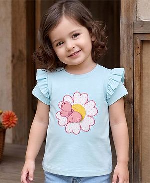 Babyhug 100% Cotton Knit Half Sleeves T-Shirt with Floral & Butterfly Applique - Sky Blue