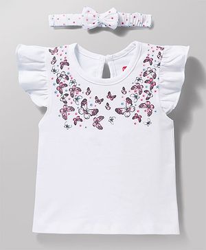 Babyhug Cotton Knit Frill Sleeves T-Shirt with Headband & Butterfly Print - White