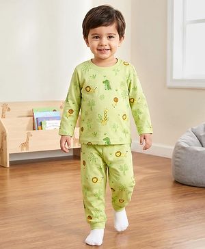 Babyhug Cotton Knit Full Sleeves Jungle Theme Printed Co-Ords T-Shirt & Pyjama Night Suit - Light Green