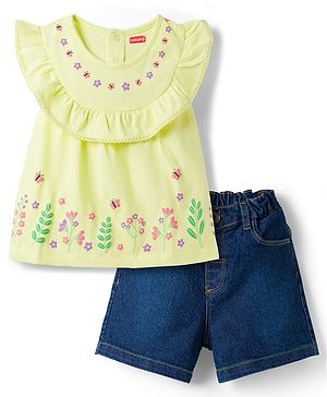 Babyhug Single Jersey Knit Sleeveless Top & Denim Shorts Set with Floral Print - Yellow & Blue