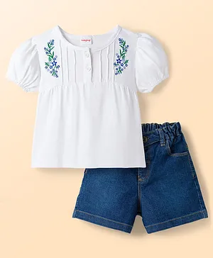 Babyhug Single Jersey Knit Half
                              Sleeves Top & Denim Shorts Set with
                              Floral Embroidery - White & Blue