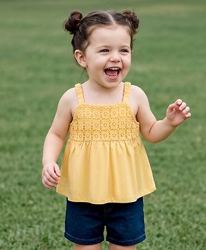 Babyhug Single Jersey Knit Sleeveless Schiffili Top & Denim Shorts Set - Yellow & Blue