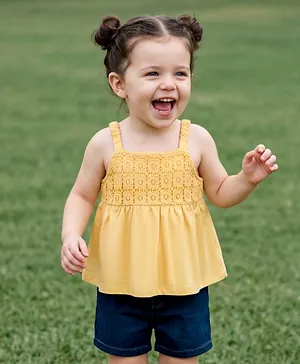 Babyhug Single Jersey Knit Sleeveless
                              Schiffili Top & Denim Shorts Set -
                              Yellow & Blue