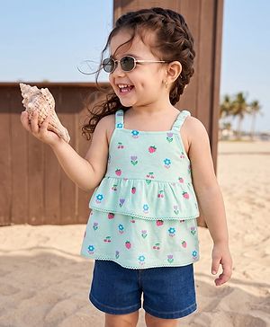 Babyhug Single Jersey Knit Sleeveless Floral & Fruits Printed Top & Denim Shorts Set - Blue