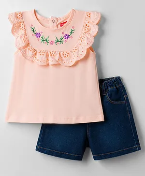 Babyhug Single Jersey Knit Sleeveless
                              Top & Denim Shorts Set with Floral
                              Embroidery - Pink & Blue