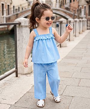 Babyhug Woven Sleeveless Floral Printed & Striped Co-Ords Top & Pant Set - Light Blue