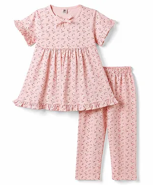 ToffyHouse Single Jersey Knit Half Sleeves Top & Pyjama Night Suit With Floral Print & Frill Detailing - Light Pink