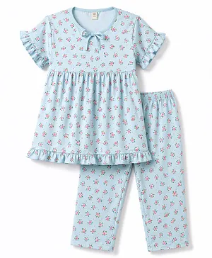 ToffyHouse Single Jersey Knit Half Sleeves Top & Pyjama Night Suit With Floral Print & Frill Detailing - Light Blue