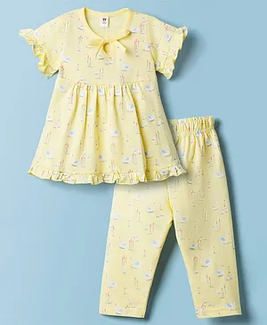 ToffyHouse Single Jersey Knit Half Sleeves Co-ord Top & Pyjama Night Suit with Swan Print - Lemon Yellow