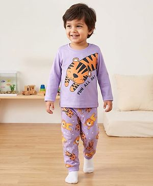 Babyhug Cotton Knit Full Sleeves T-Shirt & Pyjama Night Suit with Tiger & Lion Print - Lavender